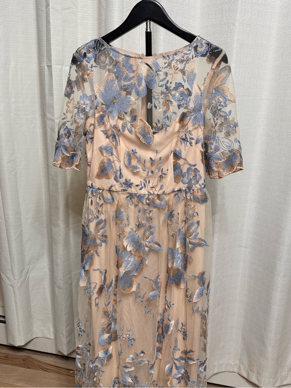 Adrianna Papell Blush Maxi Dress with Silver-Blue Floral Embroidery - Picture 4 of 5